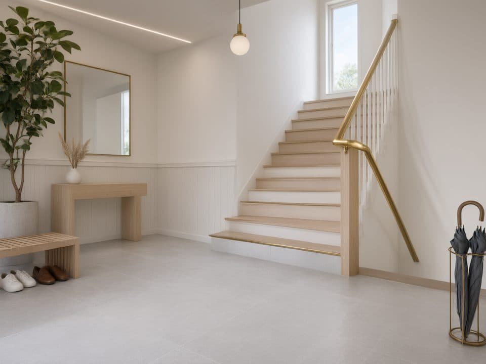 Illustration: ljus hall med klinkergolv och trappa